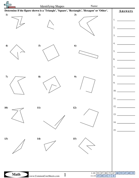 Shape identity. Reinforcement Worksheet 2. Indented Shaped Sheet.