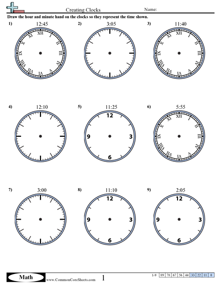 2.md.7 Worksheets - Creating Clocks (5 Minute Increments) worksheet