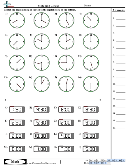 1.md.3 Worksheets - Matching Clocks (Half Hour Increments) worksheet
