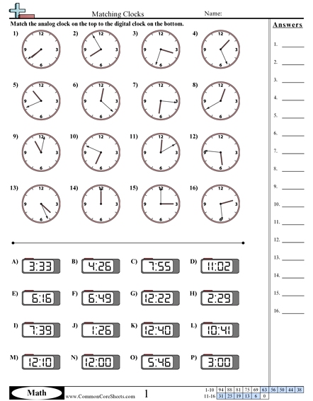 Matching Clocks (1 Minute Increments) Worksheet - Matching Clocks (1 Minute Increments) worksheet