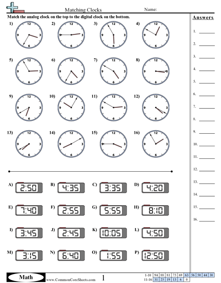 2.md.7 Worksheets - Matching Clocks (5 Minute Increments) worksheet